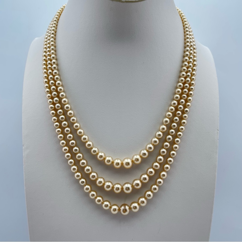 Vintage 3-Strand Faux Pearl Necklace Ivory Beads Filigree Clasp 16”
